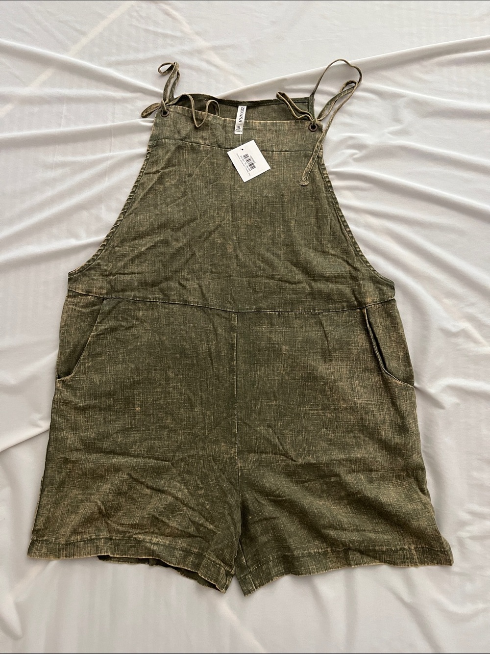 Zenana Outfitters Olive Green Linen-Look Shortalls Romper